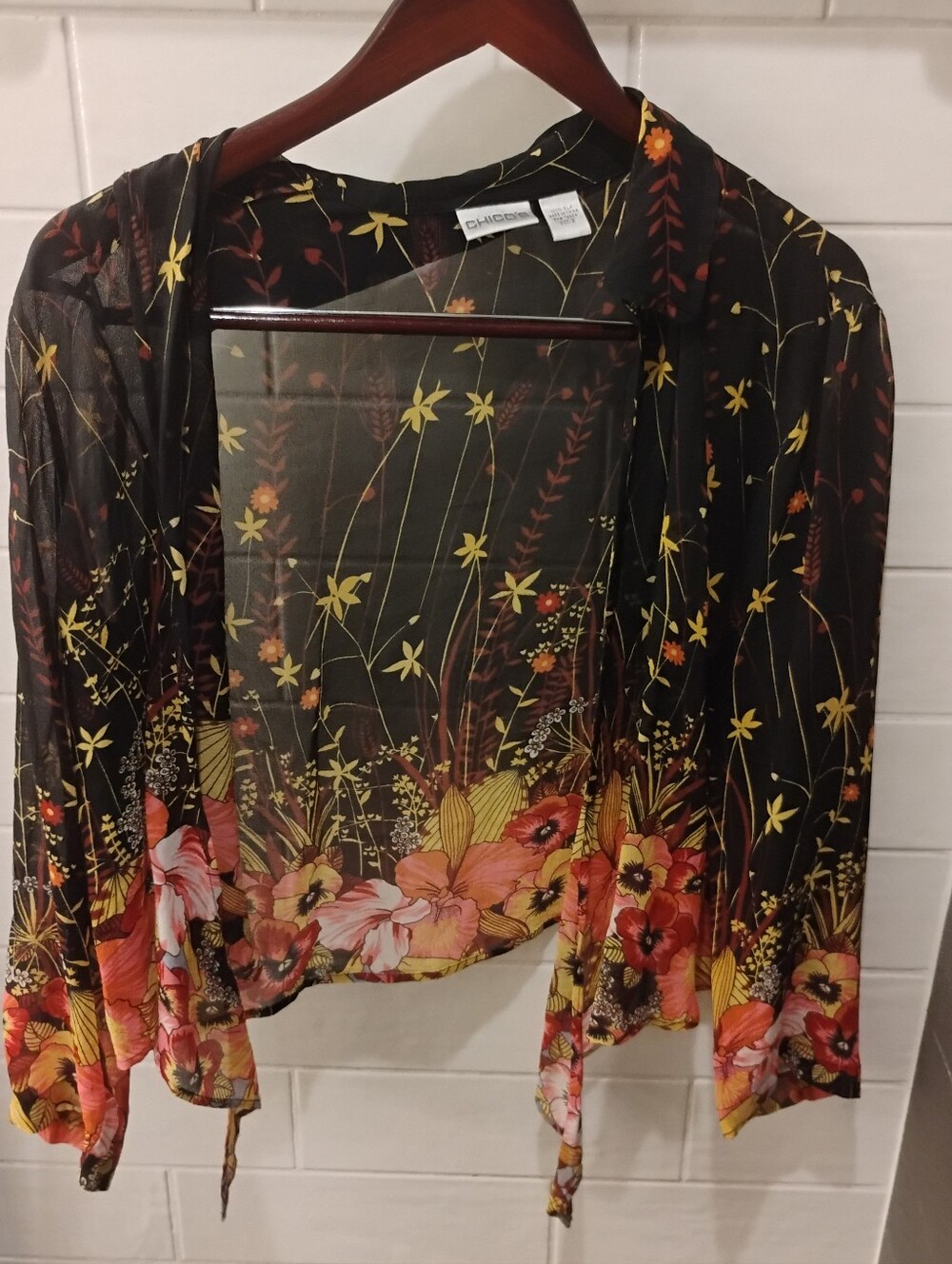 2000s Chico's Women's Floral Boho Sheer Silk Blouse Top